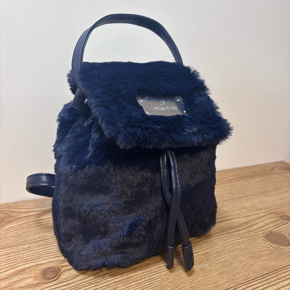 Swarovski Navy Blue Faux Fur Soft Fluffy Mini Backpack Like New